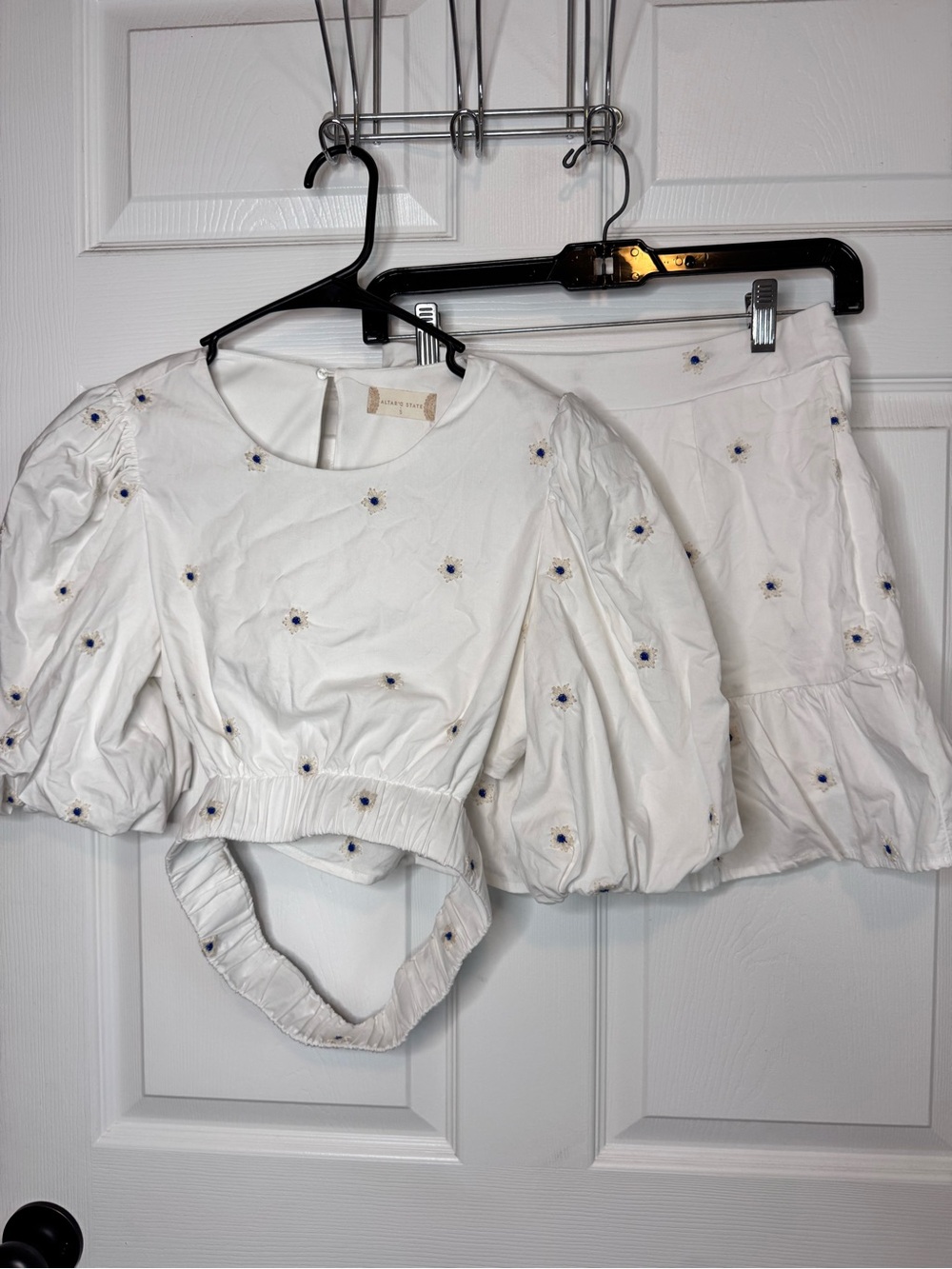Altar'd State White Embroidered Puff-Sleeve Top and Skirt SET
